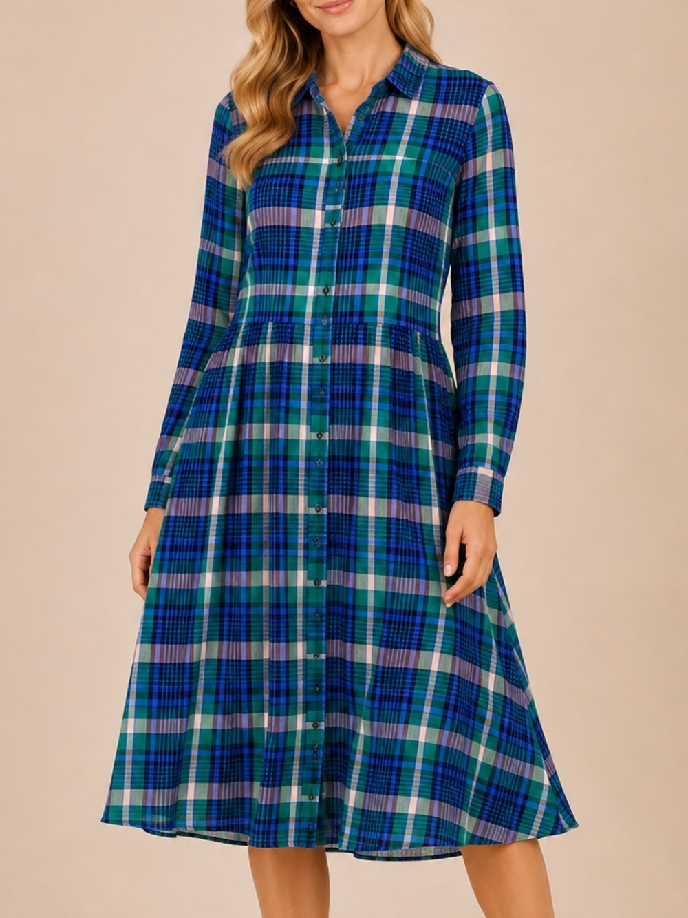 Old Navy Plaid Shirt Dress | Blue Green Purple Button Front | Size Small